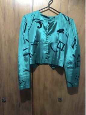 Teal Satin Cropped Blazer with Black Abstract Motif